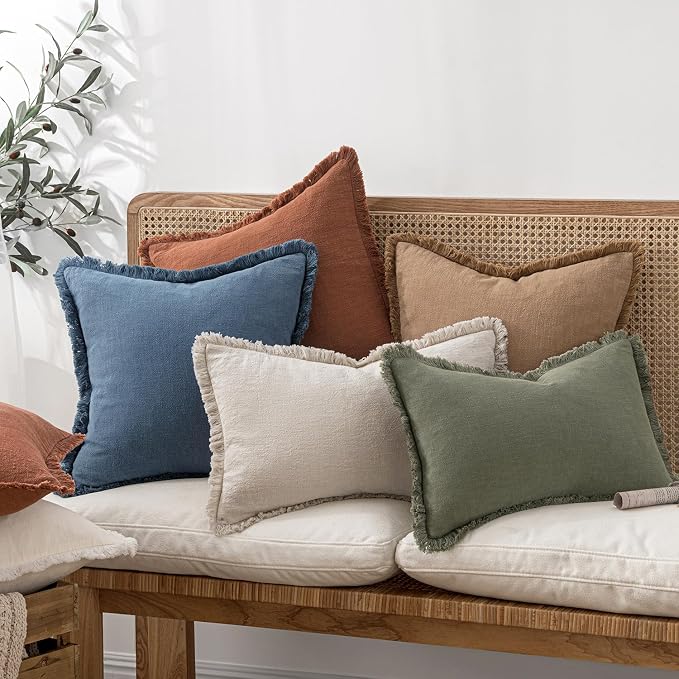 MIULEE Linen Fringe Decorative Euro Throw Pillow Covers Blue Ashes 26x26 | Set - Image 2
