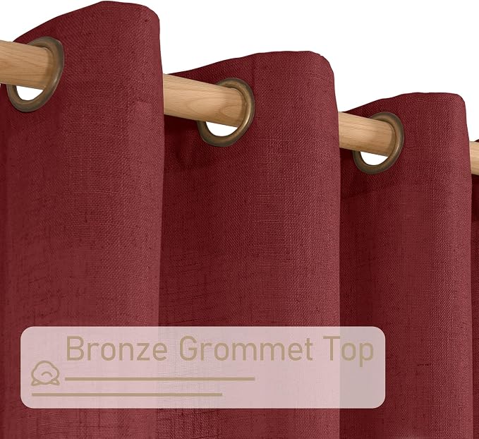Burgundy Red Linen Curtains 48 Inch Length 2 Panels, Light Filtering Semi Sheer - Image 4