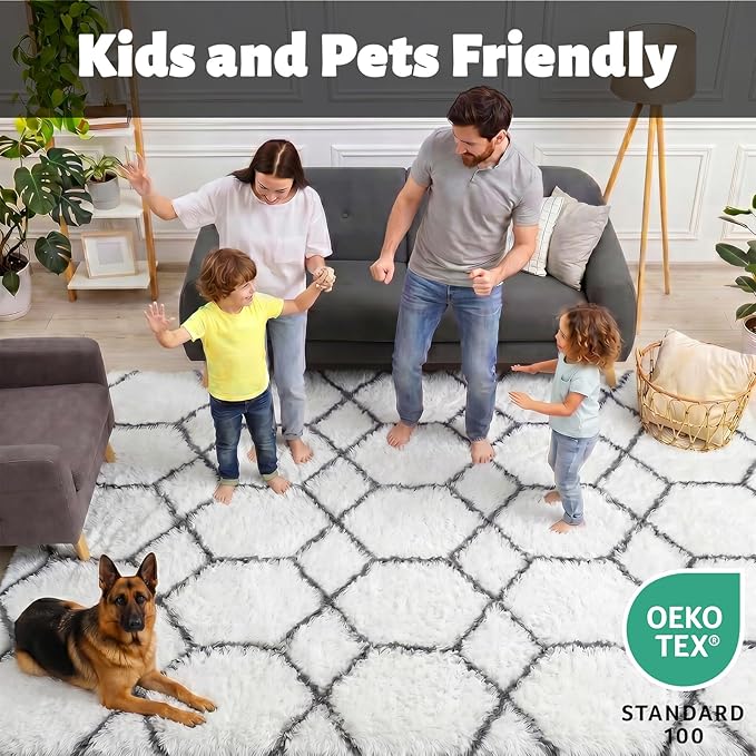 Area Rugs for Living Room, 5x8 Fluffy White and Grey Bedroom Geometric Rug | - Image 3
