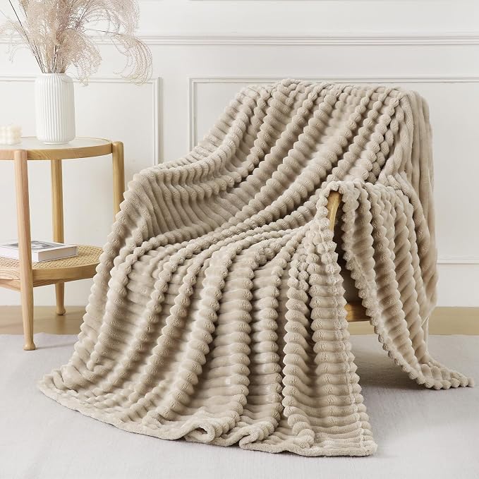 Khaki Throw Blanket for Couch Sofa 90x90 inches Striped Design | Fleece - Image 3