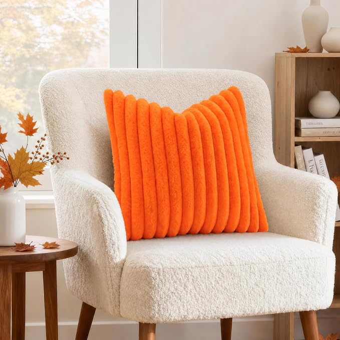 decorUhome Fall Faux Fur Throw Pillow Covers 22x22 Set of 2 Orange | Decorative - Image 4