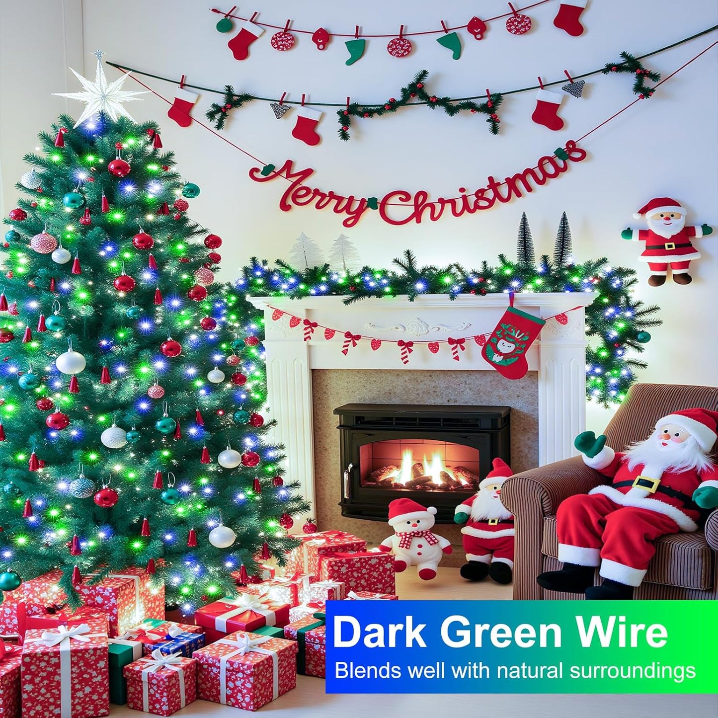 100FT 300 LED Christmas Lights Outdoor, Christmas Tree Lights with 8 Modes Waterproof, Plug in Green Wire String Twinkle Light for Indoor Xmas House Patio Yard Decorations, Blue Green