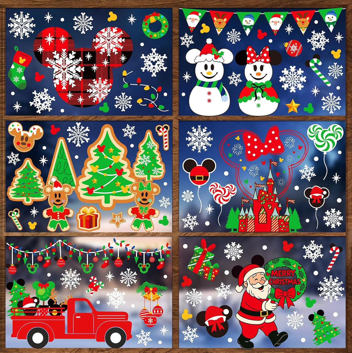 Christmas Window Clings - 9 Sheets 166 Pcs Cute Xmas Decorations for Winter Holiday Home Party, Santa Snowman Tree Snowflake Gingerbread Stickers for Glass, Double-Sided Static Window Decals