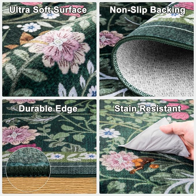 PLHXFR Area Rug 10x14 Living Room: Floral Washable Boho Carpet Dark Green | - Image 6