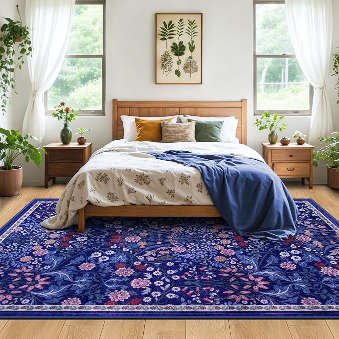 PLHXFR Area Rug Living Room: 4x6 Floral Washable Boho Soft Carpet Blue | - Image 3