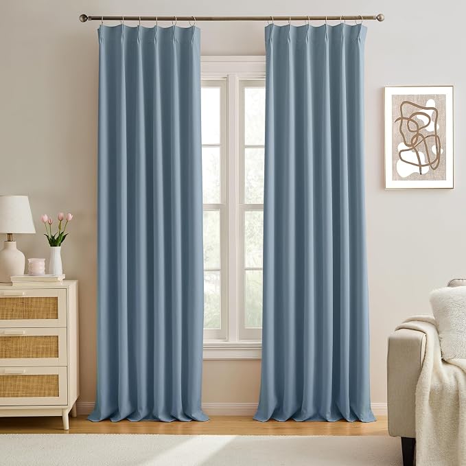 Dusty Blue Pinch Pleated Curtains 138 Inches Long Room Darkening Draperies by KEQIAOSUOCAI