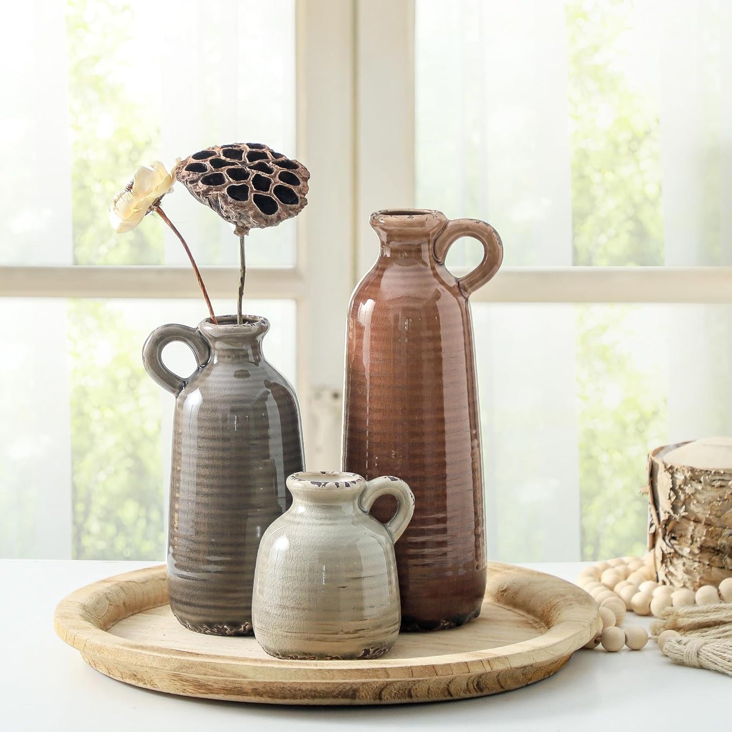 Ceramic Vases Set of 3, Neutral Rustic Farmhouse Vase with Handle, Decorative Flower Vases Home Decor Modern Boho Pampass Vase for Table Mantel Entryway Shelf Living Room Kitchen Bathroom - Brown