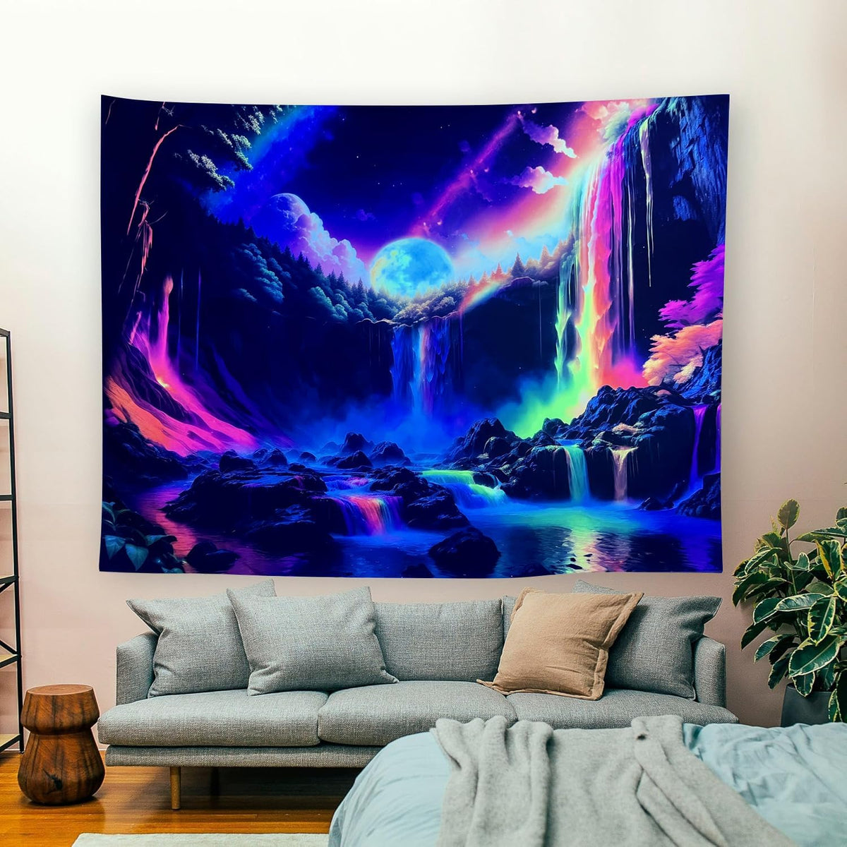 OSVINO Blacklight Rainbow Waterfall Tapestry 79"x59" UV Reactive Trippy Wall Hanging Rainbow Aesthetic Waterfall Wall Posters Bedroom Spiritual Room Decor