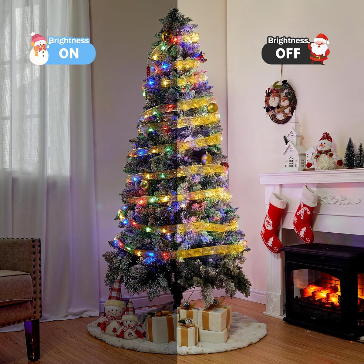 2 Pack Christmas Tree String Lights - 33ft 100 LED Battery Powered Fairy Lights with Timer and 8 Lighting Modes, Gold Ribbon Bows Lights for 6ft - 8ft Christmas Tree Decor, Multi-color