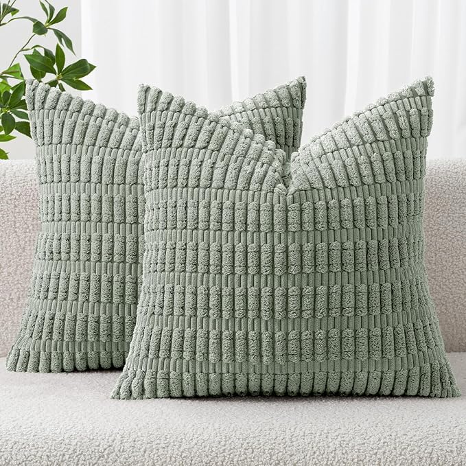 MIULEE Corduroy Decorative Throw Pillow Covers 12x12 Grey Green Pack of 2 | by MIULEE