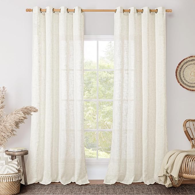 Cream Linen Sheer Curtains 96 inches Long, Bronze Grommet Vertical Window by LAMIT