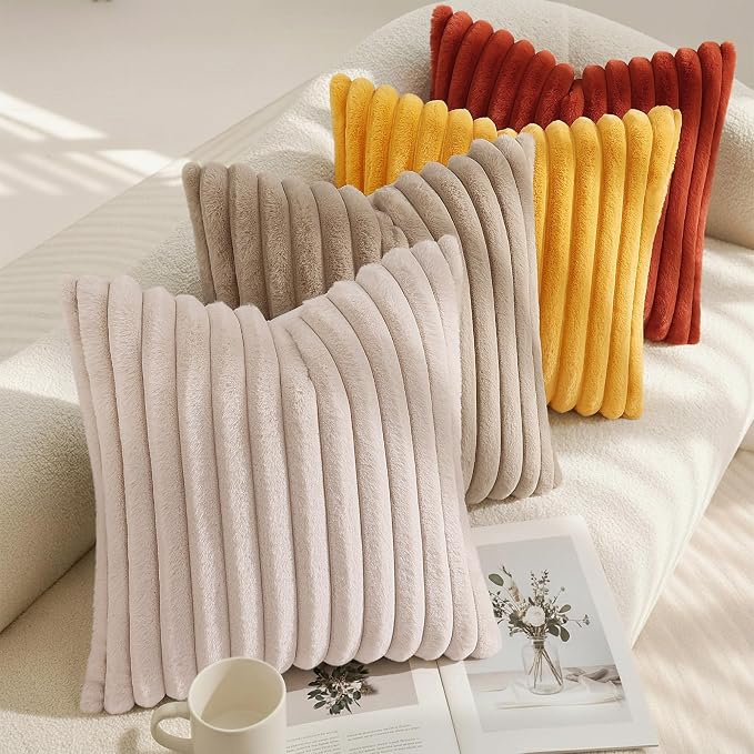 decorUhome Fall Faux Fur Throw Pillow Covers 22x22 Set of 2 Mustard Yellow | - Image 7