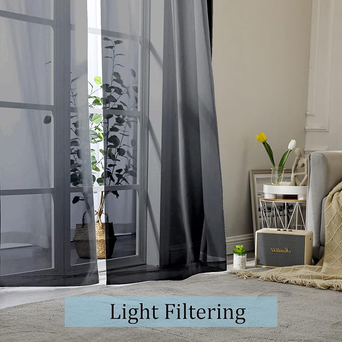 Black Sheer Curtains, Sheer Curtains 84 inch Length 2 Panels Set, Rod Pocket - Image 3