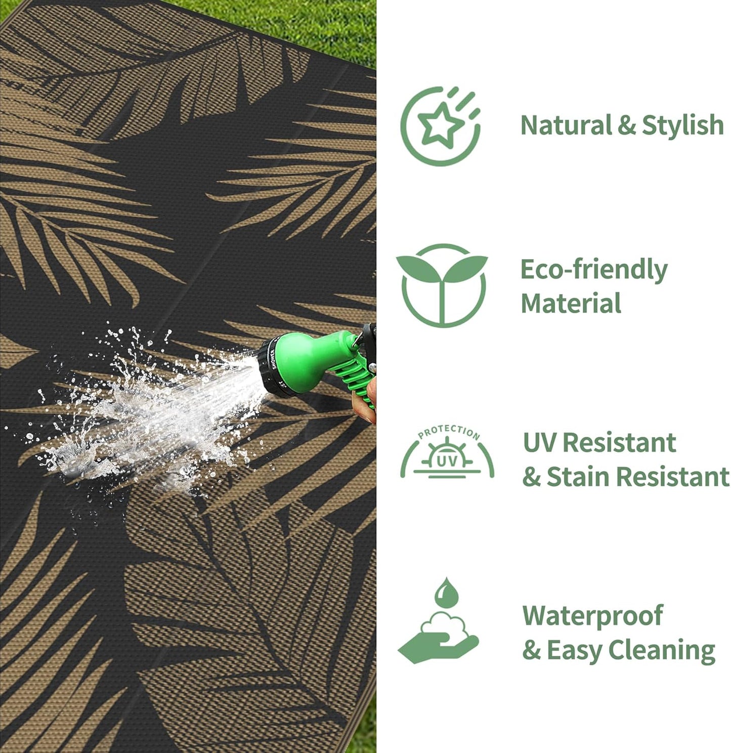 GENIMO Outdoor Rug 5' x 8' Waterproof for Patios Clearance, Reversible Outdoor Plastic Straw Camping Rug Carpet, Large Area Rugs Mats for RV, Picnic, Backyard, Deck, Balcony, Porch, Beach, Black&Brown
