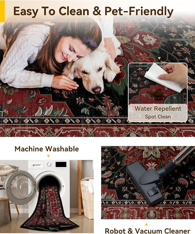 RELEANY Washable Area Rug, Water Repellent, Pet Friendly, Vintage Floral Boho - Image 5