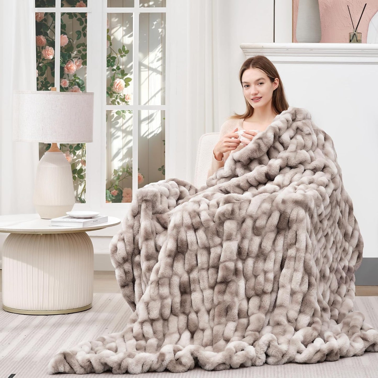 Touchat Ruched Faux Rabbit Fur Blanket, 700 GSM Luxury Dual-Sided Soft Cozy Blanket, Fuzzy Fluffy Plush Throw for Bed, Couch and Sofa - 60"x80", Tie-dye Coffee