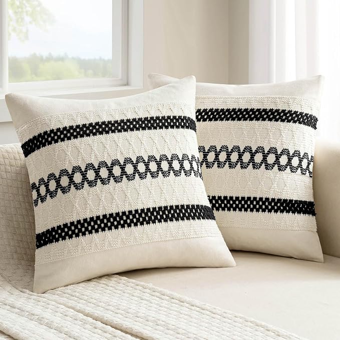 MIULEE Set of 2 Black Boho Decorative Pillow Covers 20x20 Inch | Farmhouse by MIULEE