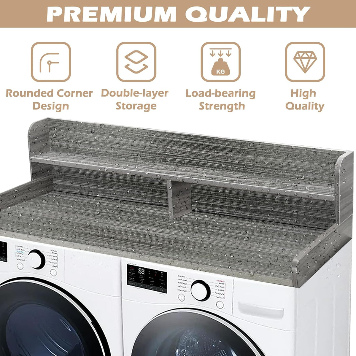 Royxen Laundry Countertop with 2-tier Shelf Universal Fit, Washer and Dryer Countertop with Storage Space, Shelf Height 11.5 Inches, Solid Wood, Eucalyptus