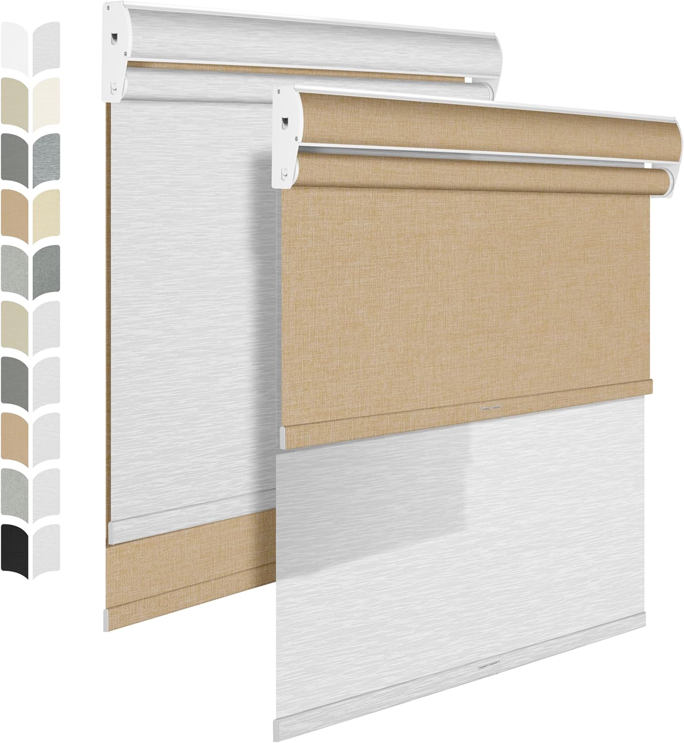 BERISSA Cordless Dual Roller Shades with Cassette Valance, Double Window Shades - Blackout and Light Filtering, Day and Night for Home Office Door. Linen Beige and White. 38 W x 36" H
