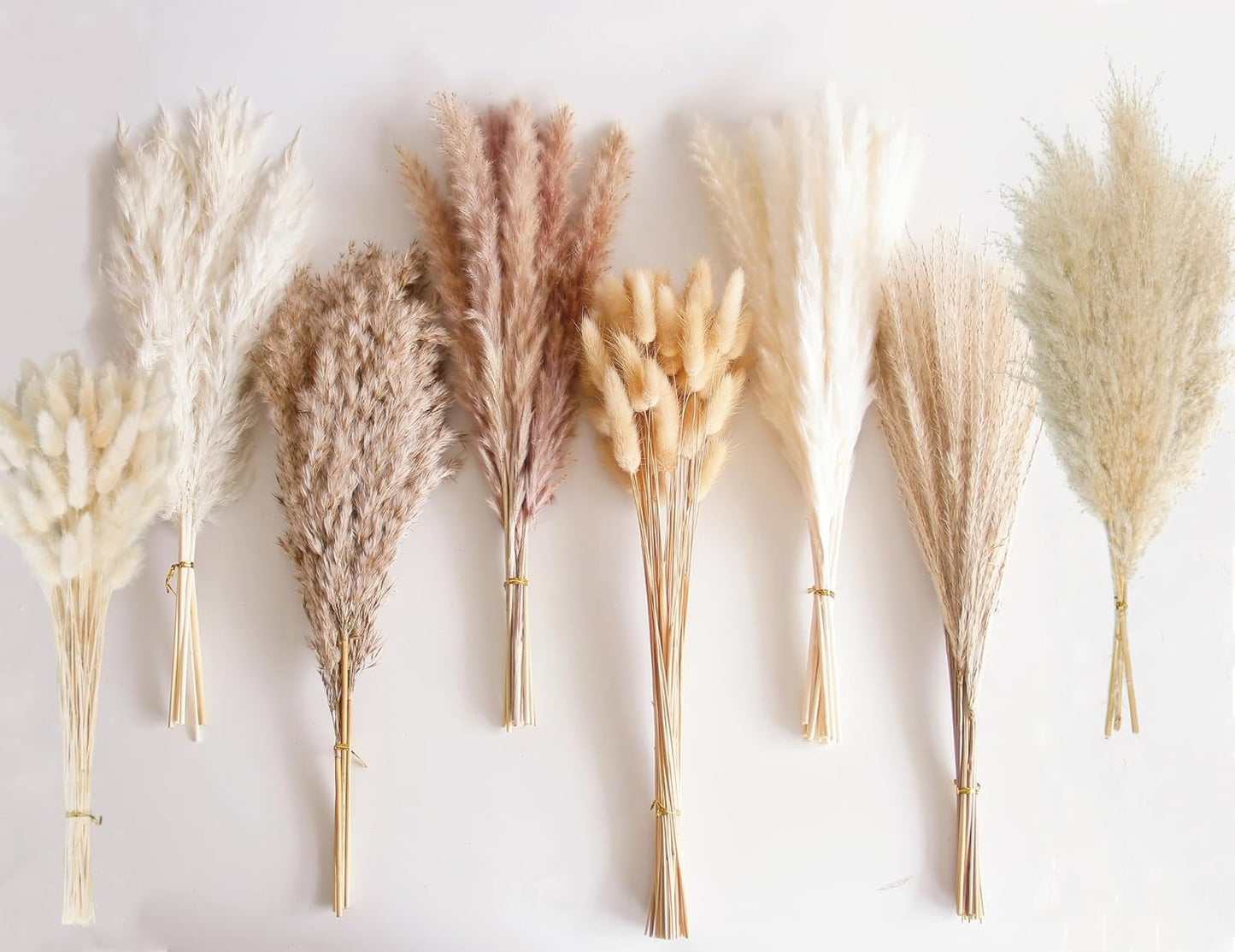 130 PCS Dried Pampas Grass Bouquet, Boho Table Decor, Bunny Tails Dried Flowers, Brown Pampas, Fluffy Pompas, White Pampas Grass for Weddings, Home Decor, Rustic Parties, and Baby Shower Decorations