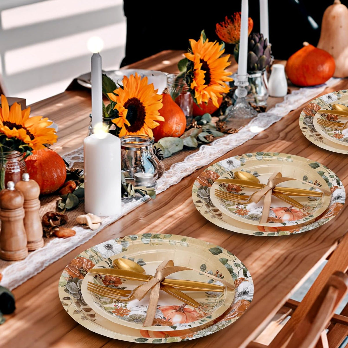 350 Pcs Thanksgiving Fall Party Supplies Dinnerware Set Disposable Plates Napkins Paper Cups Plastic Cutlery for Autumn Thanksgiving Harvest Party Decor Serves 50 (Pumpkin Floral)
