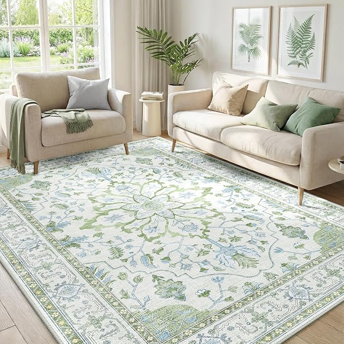 RELEANY Washable Area Rug, Water Repellent, Pet Friendly, Vintage Floral Boho by RELEANY