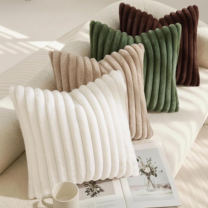 decorUhome Fall Faux Fur Throw Pillow Covers 18x18 Set of 2 Olive Green | - Image 5