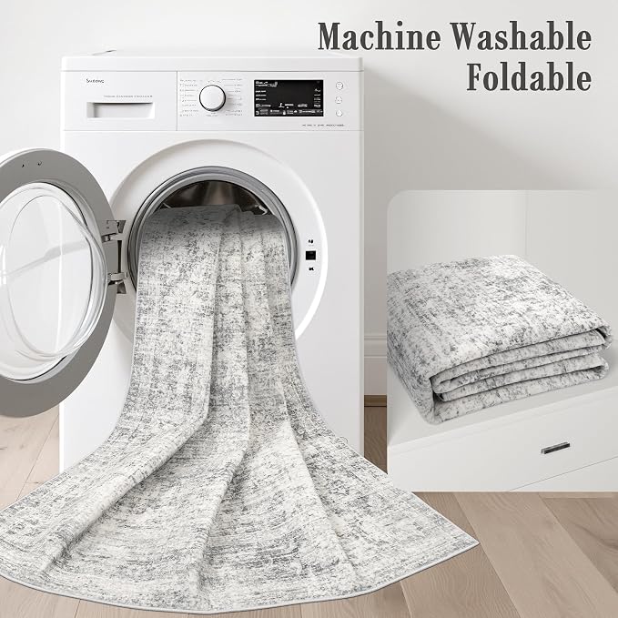 2x5 Washable Runner Rug：Modern Abstract Soft Carpet Black Grey | - Image 6