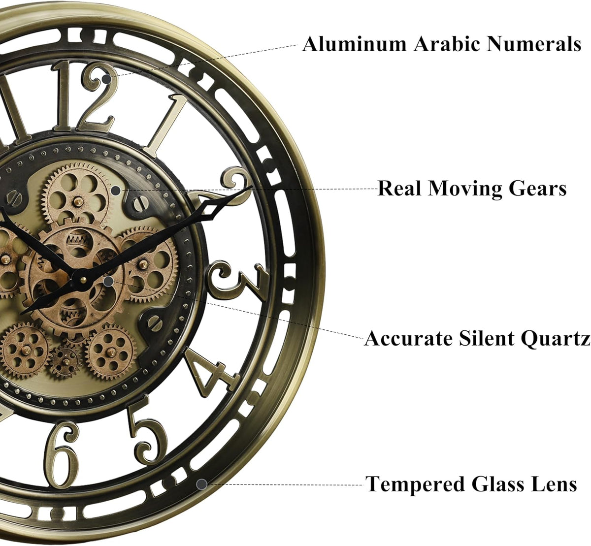 CLXEAST 21 Inch Industrial Moving Gears Wall Clock,Modern Farmhouse Arabic Numeral Battery Operated Silent Wall Clock for Living Room Decor,Brushed Gold,House Warming Gifts New Home