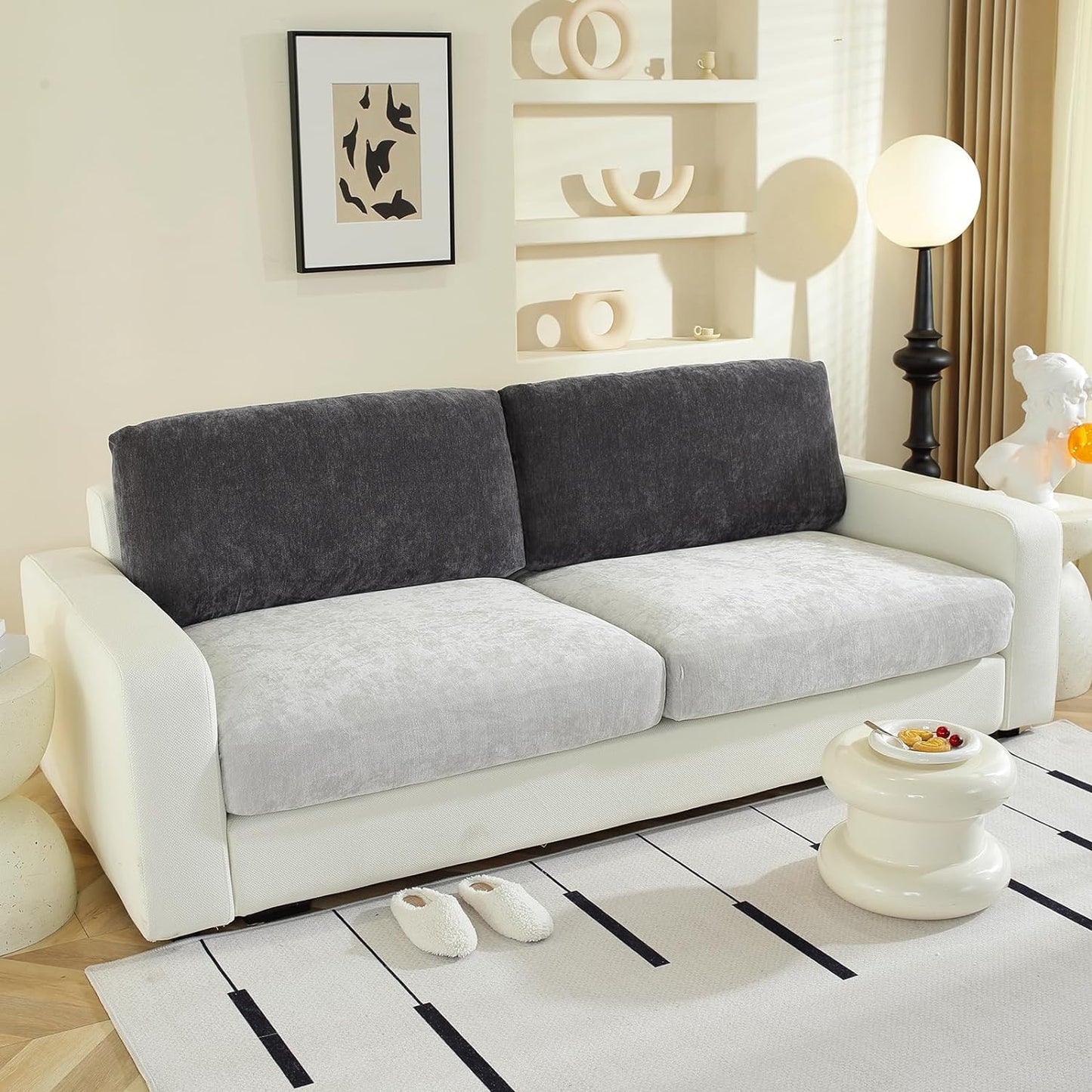 Large Backrest Cushion Covers Super Stretch Backrest Covers for 2 Cushion Couch Sofa, Couch Back Cushion Covers Featuring with Chenille Yarn (Softer Version, 2PC, Dark Grey)