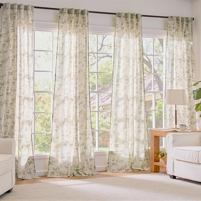 Extra Long Green Vintage Floral Linen Curtains Farmhouse 2 Panels | Elisa Series - Image 7