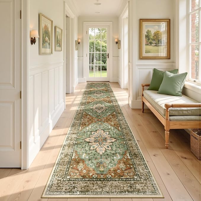 RELEANY Washable Area Rug, Runner 2'x9', Brick/Brown/Green | Non-Slip, Water by RELEANY