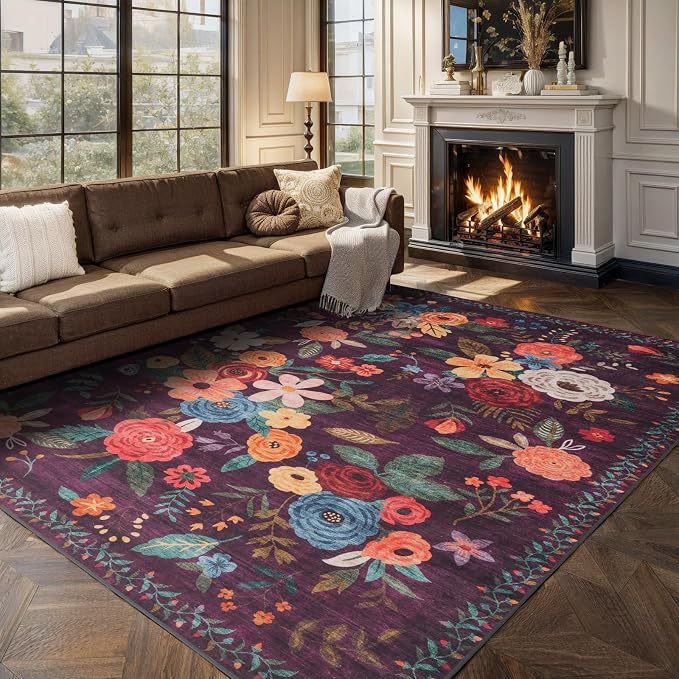 Purple Floral Area Rug 8 x 10 for Living Room Bedroom | Non Slip; Stain - Image 4