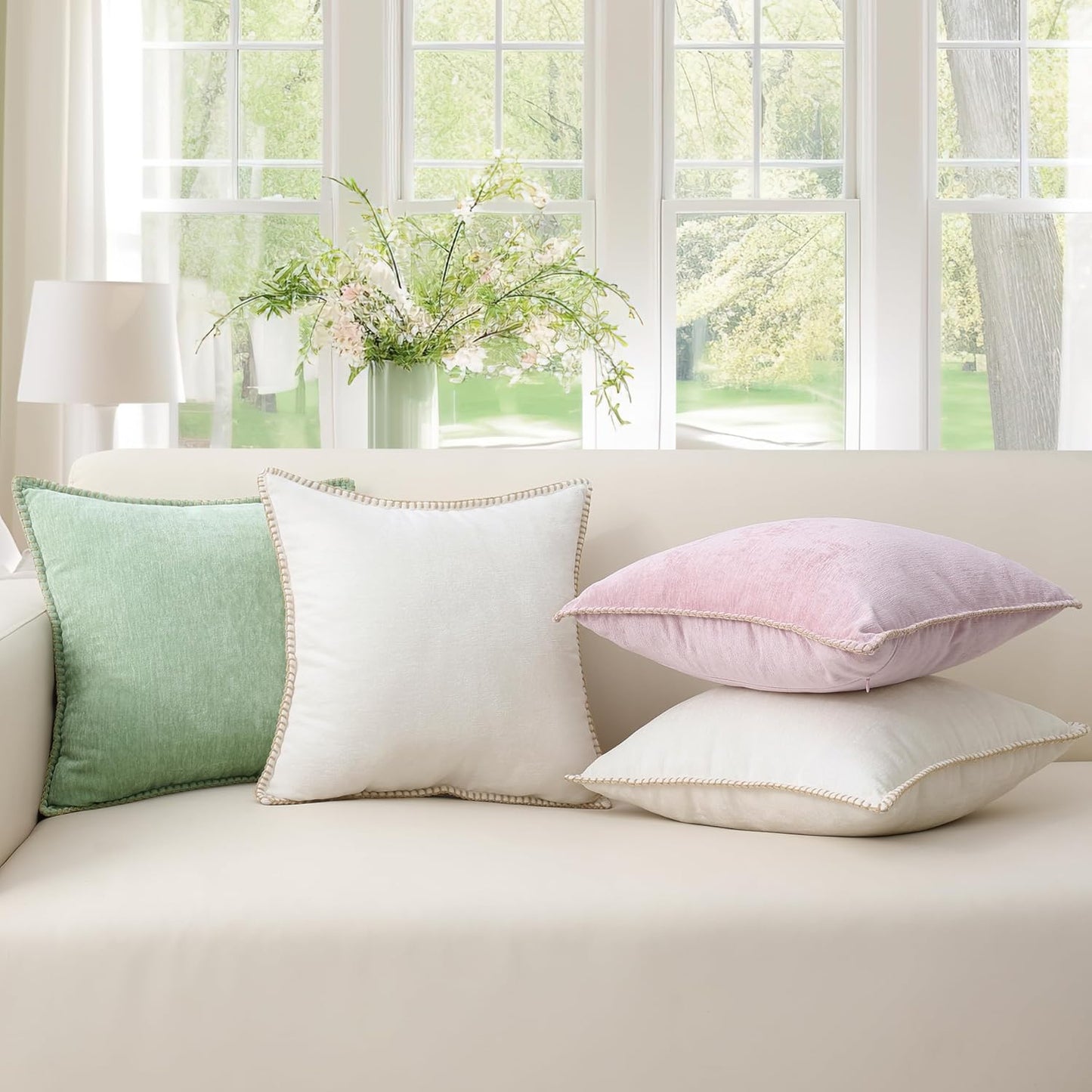 decorUhome Chenille Soft Throw Pillow Covers 18x18 Set of 2, Farmhouse Velvet Neutral Decorative Euro Pillow Covers with Stitched Edge for Couch Sofa Bed Home Decor, Sage Green