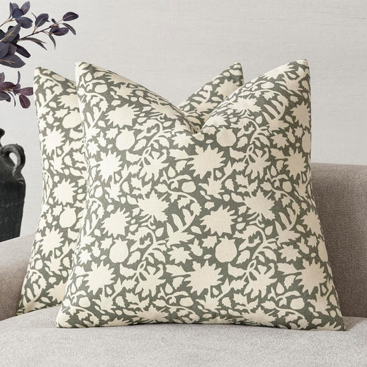 Foindtower Set of 2 Decorative Neutral Floral Throw Pillow Covers Accent Farmhouse Cushion Covers Boho Vintage Pillowcase for Couch Sofa Bedroom Living Room Home Decor Outdoor,18×18 Inch,Sage Green