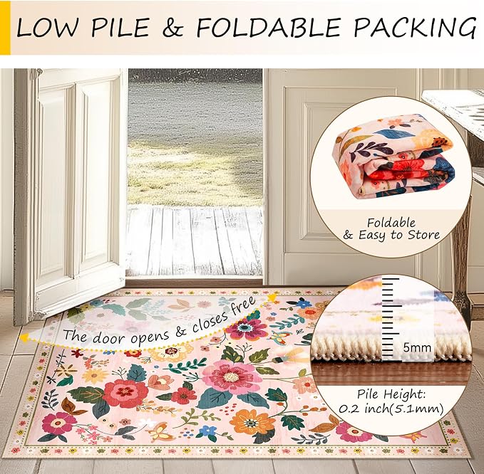RELEANY Floral Washable 8x10 Area Rugs Pink | Flower Carpet Print Boho Cute Non - Image 4