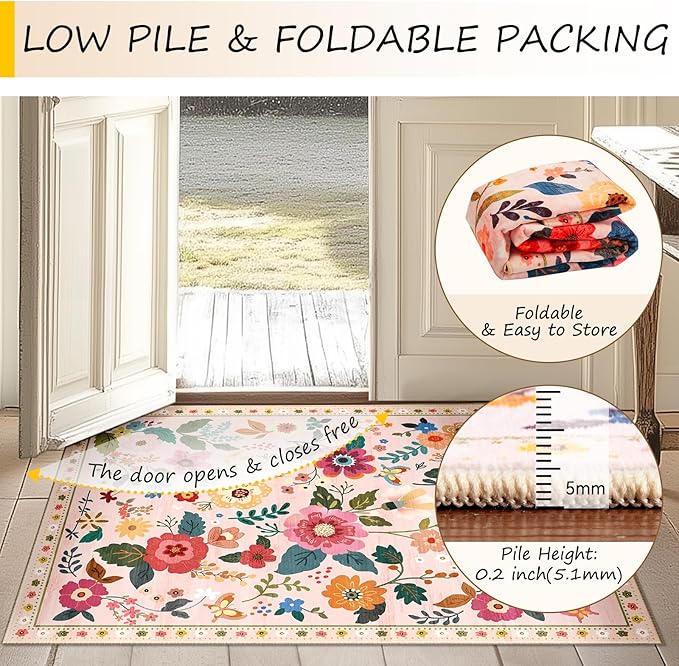 RELEANY Floral Washable 5x7 Area Rugs Pink | Flower Carpet Print Boho Cute Non - Image 4