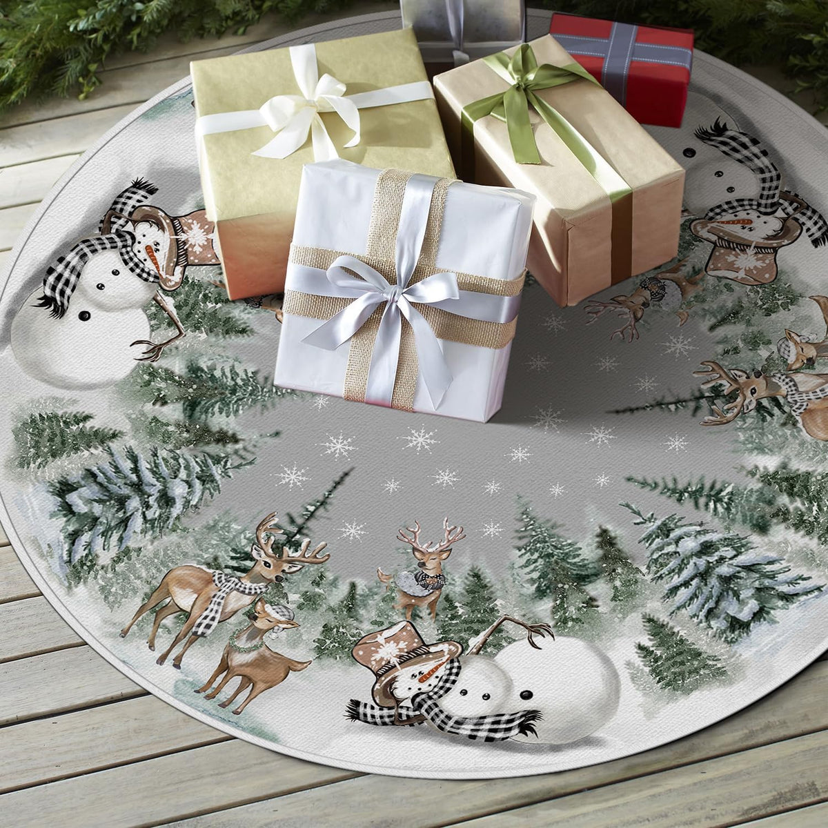 AVOIN colorlife Snowman Reindeer Snowflake Christmas Tree Skirt 48 Inch, Winter Holiday Tree Mat Decoration