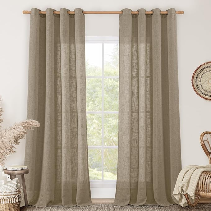 Taupe Sheer Linen Curtains for Living Room 84 inch Length, Light Filtering Semi by LAMIT
