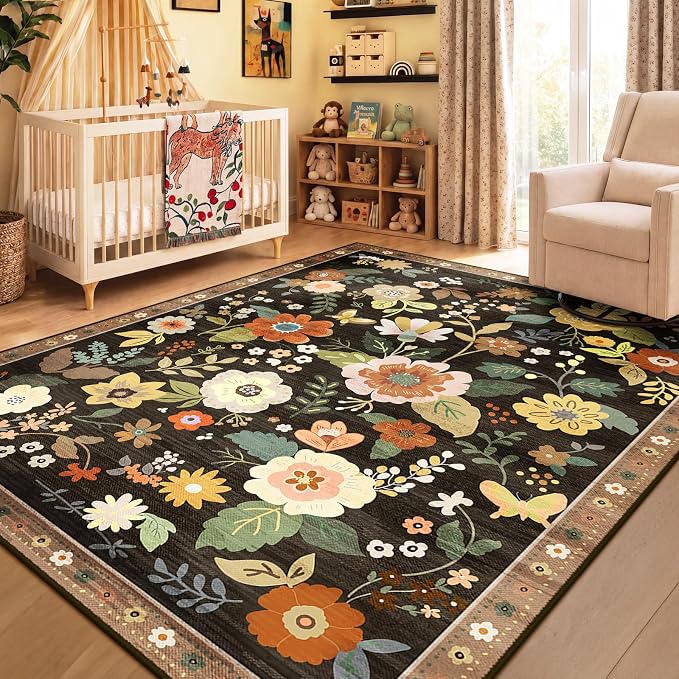RELEANY Floral Washable 3x5 Area Rugs Black/Yellow | Flower Carpet Print Boho - Image 9