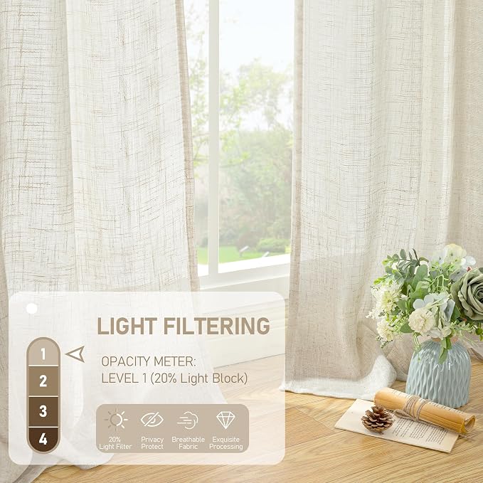 54 inches Long Semi Sheer Linen Curtains 2 Panels, Cream Ivory | Light - Image 4