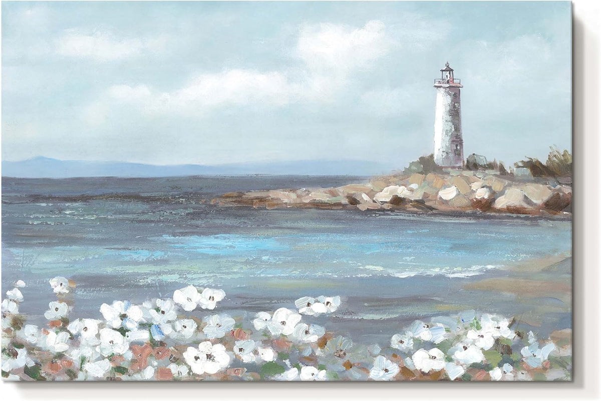 cozy country Lighthouse Wall Art 36"x24" - Coastal Pictures Beach Canvas Ocean Decor - Nautical Artwork Seascape Hand Painting for Bedroom, Sea House
