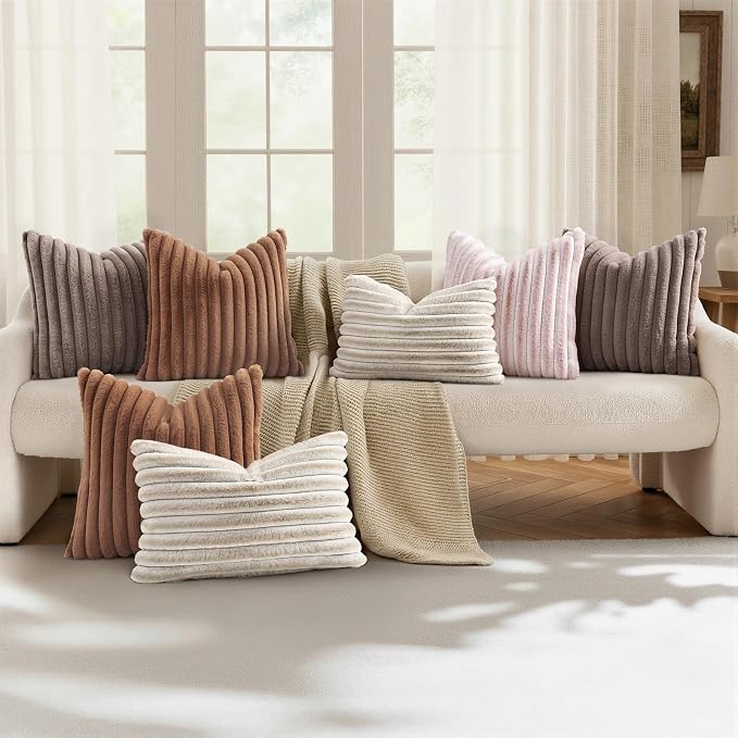 decorUhome Fall Faux Fur Throw Pillow Covers 20x20 Set of 2 Light Coffee | - Image 5