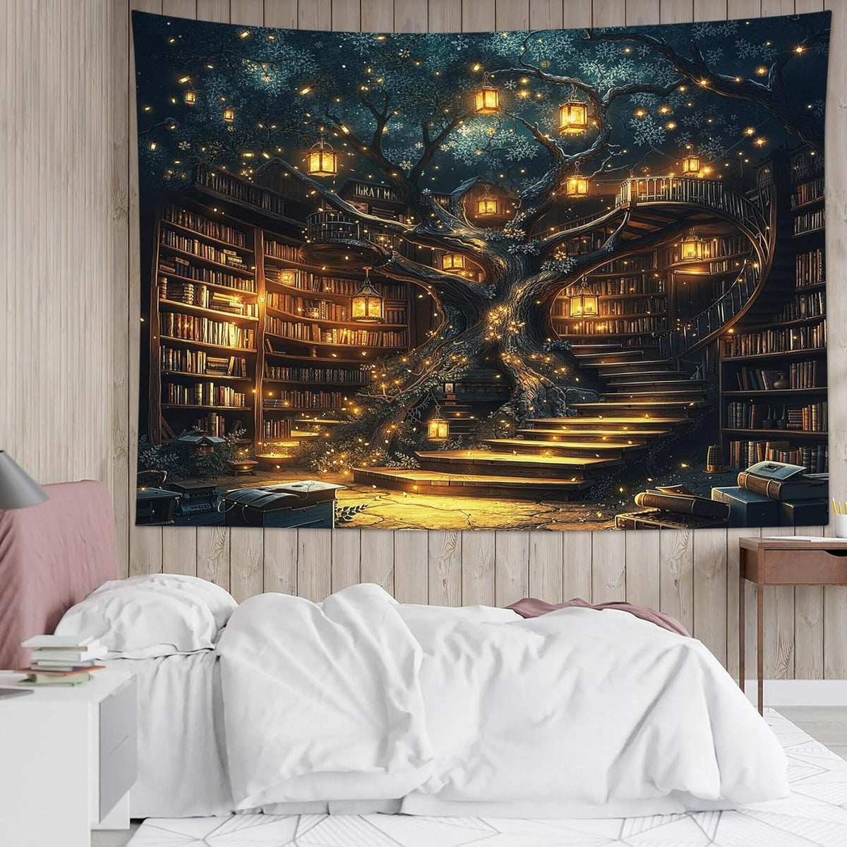 HVEST Fantasy Library Bookshelf Wall Tapestry Fairytale Tree Magic Bookshelf Tapestry Wall Hanging Retro Vintage Tapestries for Classroom Study Room Bedroom Living Room Dorm, 70.9L x 92.5W Inches