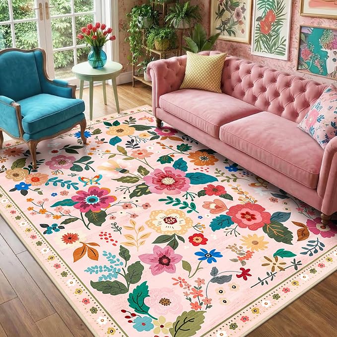 RELEANY Floral Washable 6x9 Area Rugs Pink | Flower Carpet Print Boho Cute Non by RELEANY