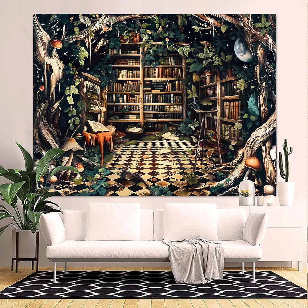 Accnicc Fantasy Forest Bookshelf Tapestry Witchy Fairy Tree Mushroom Retro Backdrop Tapestries Wall Hanging Vintage Library Book Tapestry for Bedroom Living Room Dorm 80 x 60 inch