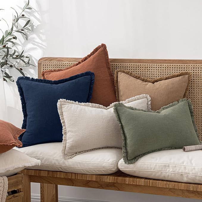 MIULEE Linen Fringe Decorative Lumbar Throw Pillow Covers Dark Navy 12x20 | Set - Image 6