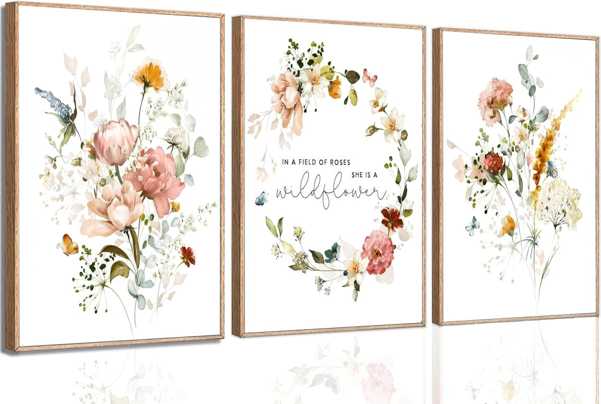 3Pcs Pink Flowers Canvas Wall Art In A Field Of Roses She Is A Wildflower Painting Picture Decor Watercolor Wreath Poster Print Artwork for Nursery living room Girls Room Home Decoration Unframed
