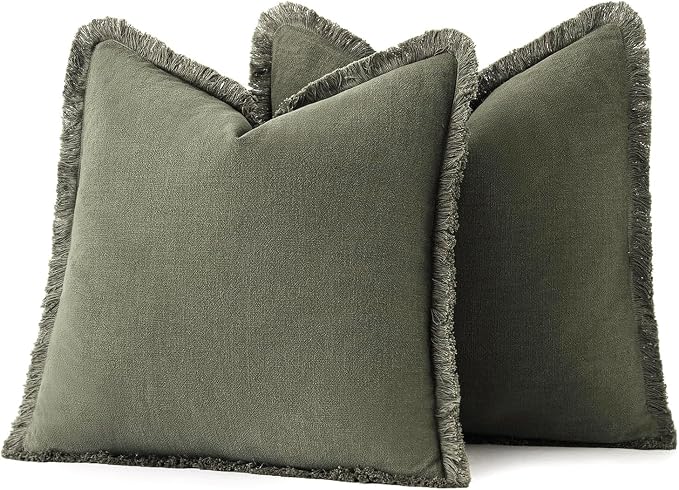 MIULEE Linen Fringe Decorative Euro Throw Pillow Covers Olive Green 26x26 | Set - Image 6