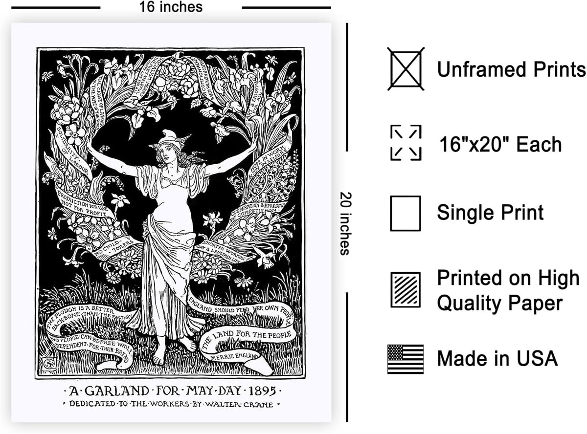 Poster Master Vintage Walter Crane Poster - Retro A Garland for May Day Print - Socialist Art - Gift for Him, Her, Men, Women - Wall Decor for Home, Office, Living Room - 16x20 UNFRAMED Wall Art